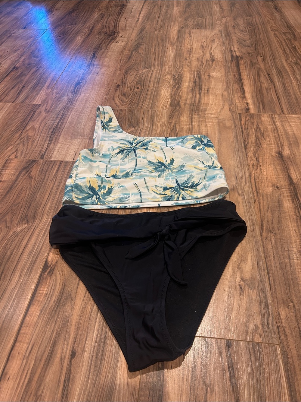 Old Navy Blue Palm Print One-Shoulder Bikini Top with Black Bottom